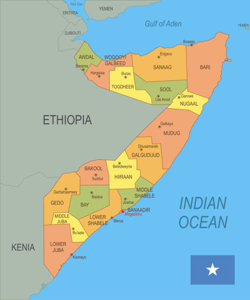 Detailed map of Somalia with surroundings, provinces, capital and flag.